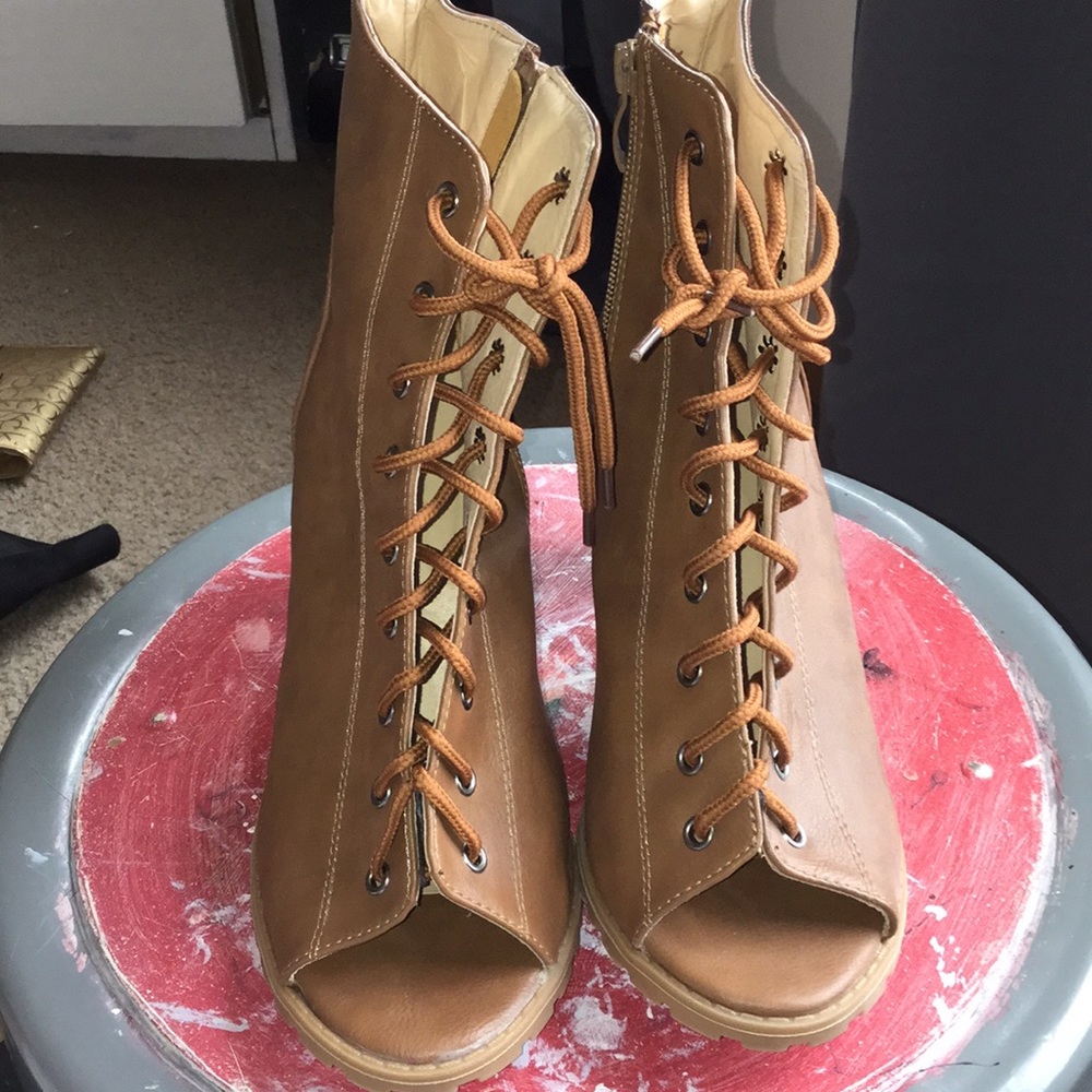 Lace-up Open Toe Block Heel Bootie